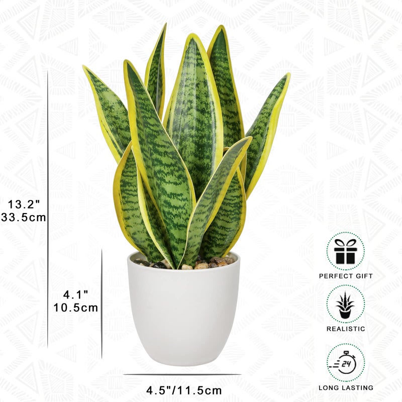 Hollyone Artificial Snake Plant Potted Faux Sansevieria Trifasciata Plants, 13" Tropical Fake Plants in White Pots for Home Office Room Indoor Decor Housewarming Gifts - Image 2