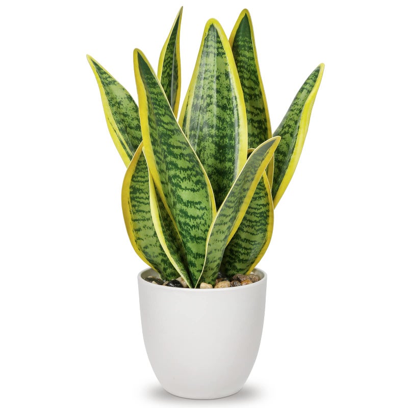 Hollyone Artificial Snake Plant Potted Faux Sansevieria Trifasciata Plants, 13" Tropical Fake Plants in White Pots for Home Office Room Indoor Decor Housewarming Gifts - Image 1