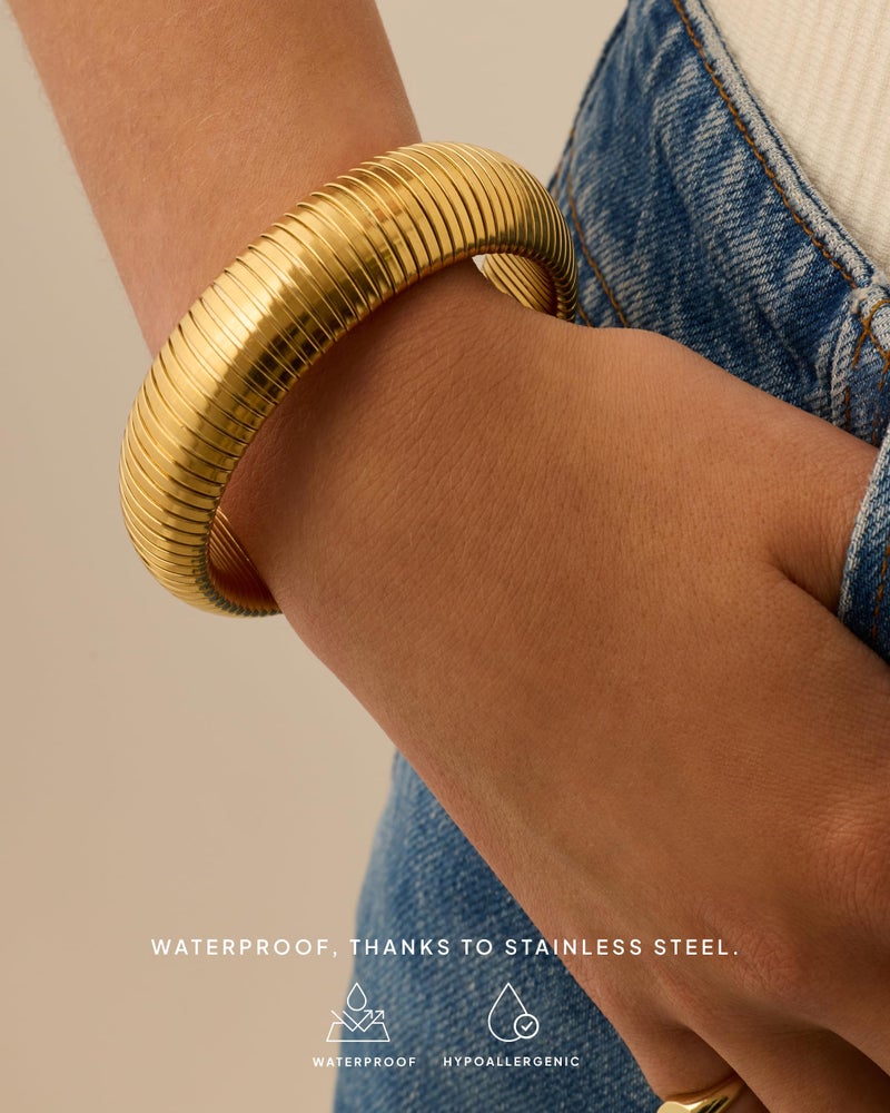 PAVOI Stainless Steel 14K Yellow Gold Plated Waterproof Flexible Stretch Chunky Bangle for Women | Cobra Bracelet 20mm Wide - Image 2