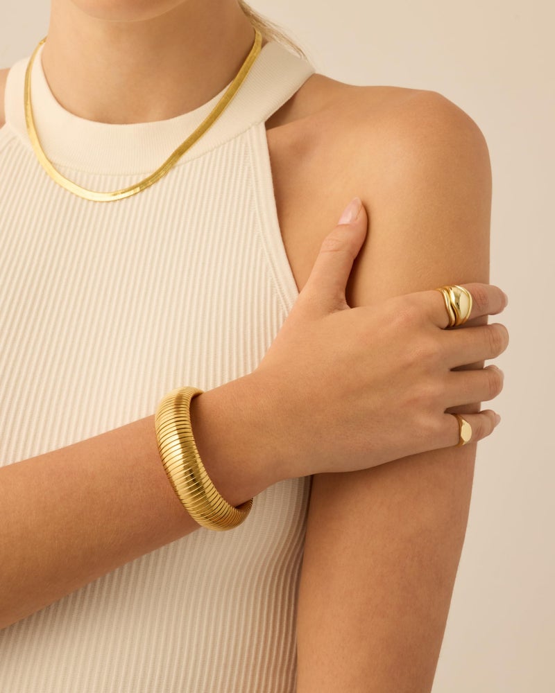 PAVOI Stainless Steel 14K Yellow Gold Plated Waterproof Flexible Stretch Chunky Bangle for Women | Cobra Bracelet 20mm Wide - Image 5