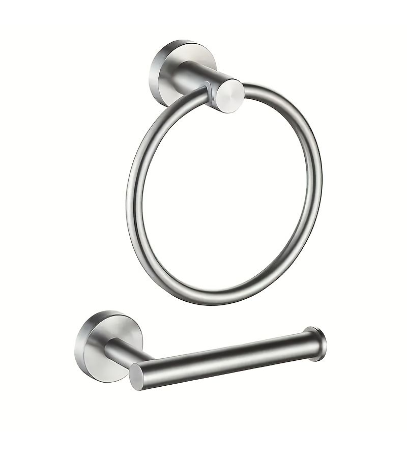 Silver Two Piece Bathroom Accessory Set Stainless Steel Wall Mounted Towel Ring Toilet Paper Holder - Image 1