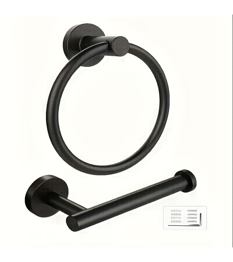 Silver Two Piece Bathroom Accessory Set Stainless Steel Wall Mounted Towel Ring Toilet Paper Holder - Image 4