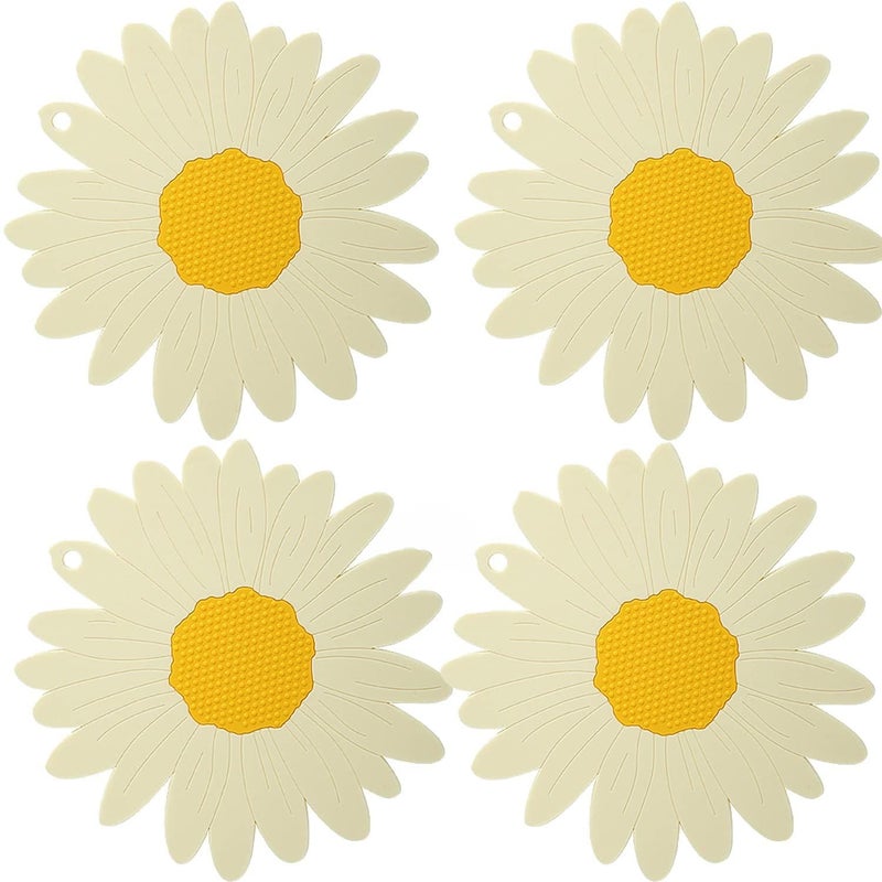 BENCI BENCI Anti-Hot Silicone Trivet Mat, 7.5 Inch Daisy Flower Shape Heat Resistant Anti Slip Place Mat for Hot Pots & Pans Holder, Kitchen Insulation Coaster Hot Pad for Dishes (White, Set of 4) - Image 1