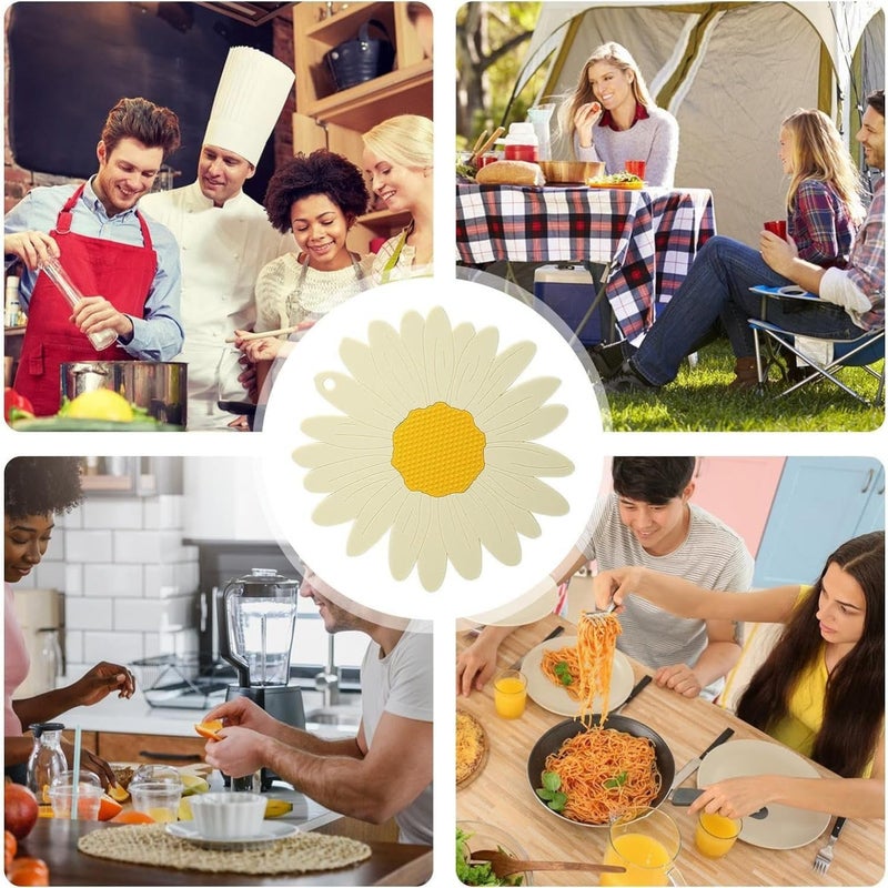BENCI BENCI Anti-Hot Silicone Trivet Mat, 7.5 Inch Daisy Flower Shape Heat Resistant Anti Slip Place Mat for Hot Pots & Pans Holder, Kitchen Insulation Coaster Hot Pad for Dishes (White, Set of 4) - Image 5