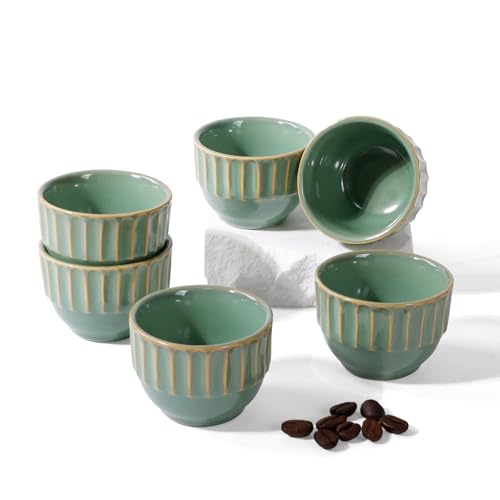ZEBERBO Ceramic Espresso Cups Set, Espresso Coffee Mugs, Special Glazed Demitasse Cups Expresso Coffee Cup for Espresso Machine (6-2oz-Stripe Bronze Green) - Image 1