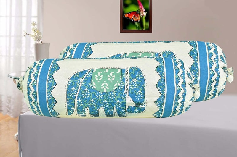 AMLEXTTRIZ Cream Animal Print Bolster Cover 100 Pure Cotton Set of 2 Round Decorative Pillow Cover for Diwan Bed Side Long Pillow Case Masand Pillowcases 16x32 Inch SkyBlue - Image 1