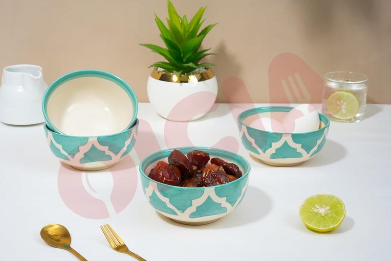 Oicia Hand Painted Ceramic Large Bowl Set Decorative Bowl For Snack Soup Condiments Side Dishes Ice Cream Pasta Microwave Dishwasher Safe 200 Ml 10 CM Scratch Resistant Green Set Of 4 - Image 1