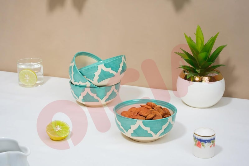 Oicia Hand Painted Ceramic Large Bowl Set Decorative Bowl For Snack Soup Condiments Side Dishes Ice Cream Pasta Microwave Dishwasher Safe 200 Ml 10 CM Scratch Resistant Green Set Of 4 - Image 4