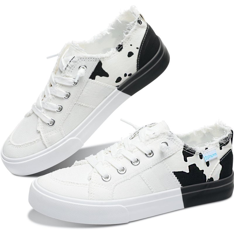 Obtaom Womens Colour Blocking Play Canvas Sneakers Cute Tie Dye Splicing Slip on Shoes Comfortable Multi Walking Shoes for Lady(White,US8) - Image 1