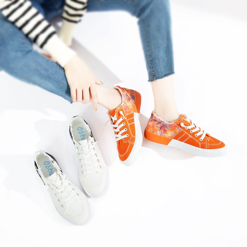 Obtaom Womens Colour Blocking Play Canvas Sneakers Cute Tie Dye Splicing Slip on Shoes Comfortable Multi Walking Shoes for Lady(White,US8) - Image 2