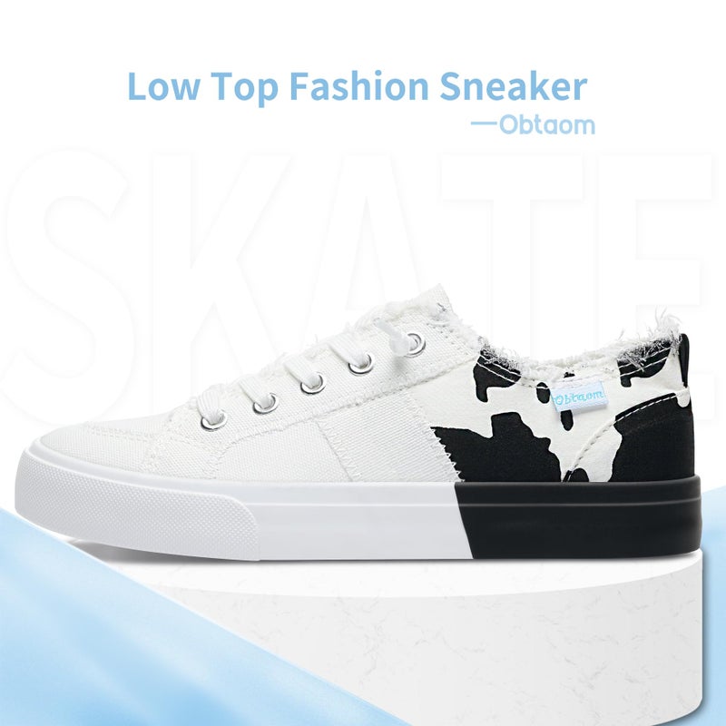 Obtaom Womens Colour Blocking Play Canvas Sneakers Cute Tie Dye Splicing Slip on Shoes Comfortable Multi Walking Shoes for Lady(White,US8) - Image 4