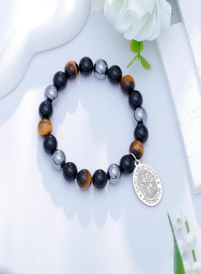 Liuanan St. Christopher Bracelet for Men Saint of Travelers - Christian Protection Gift Catholic Faith Jewelry for Journey & Guidance Catholic Travel Gift for Men with Natural Healing Stones (St Christopher) - Image 2