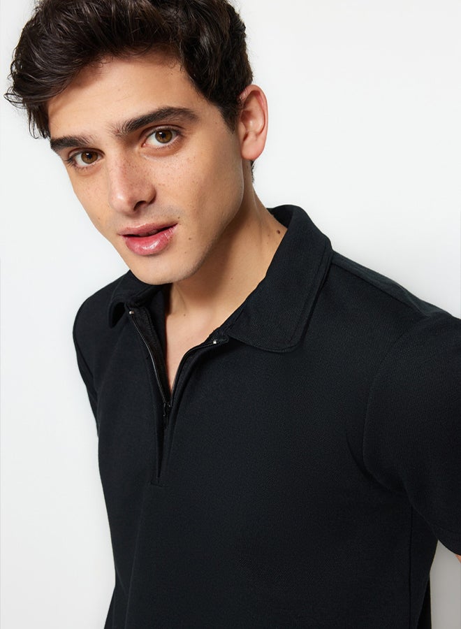 trendyol Premium Black Regular/Normal Cut Pique Zip-Up Polo Neck T-Shirt - Image 2