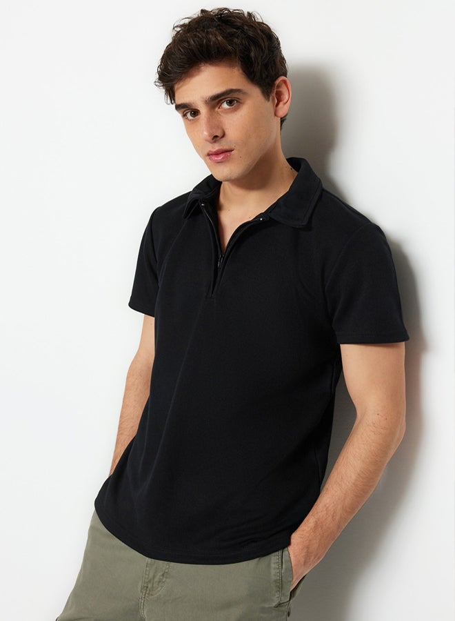 trendyol Premium Black Regular/Normal Cut Pique Zip-Up Polo Neck T-Shirt - Image 1