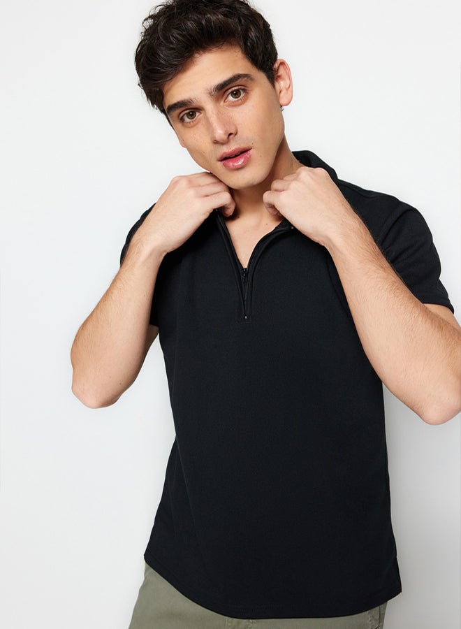 trendyol Premium Black Regular/Normal Cut Pique Zip-Up Polo Neck T-Shirt - Image 3