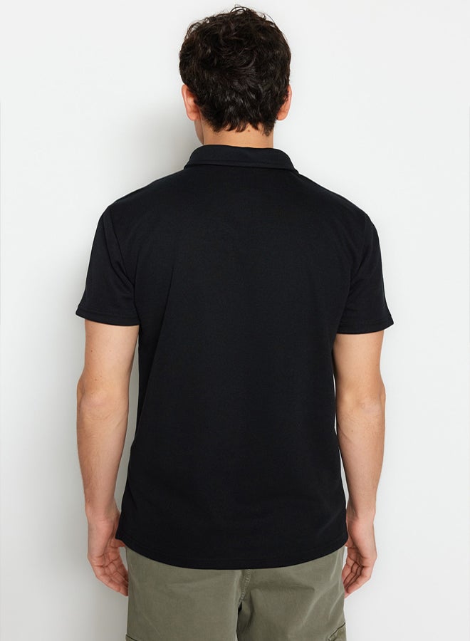 trendyol Premium Black Regular/Normal Cut Pique Zip-Up Polo Neck T-Shirt - Image 5