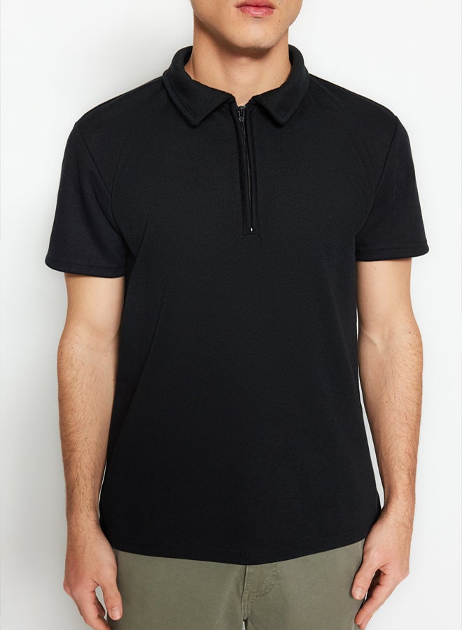 trendyol Premium Black Regular/Normal Cut Pique Zip-Up Polo Neck T-Shirt - Image 4