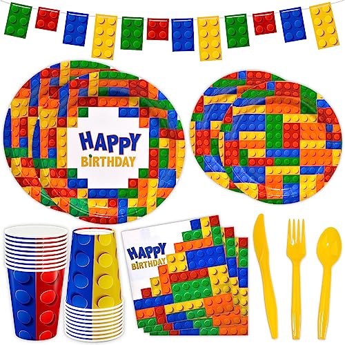 DYLIVES 180 Pcs Building Blocks Birthday Party Supplies Building Block Tableware Blocks Banner Disposable 9 Plates 7 Plates and Napkins Cups Cutlery for Happy Birthday Decorations Serves 24 - Image 1