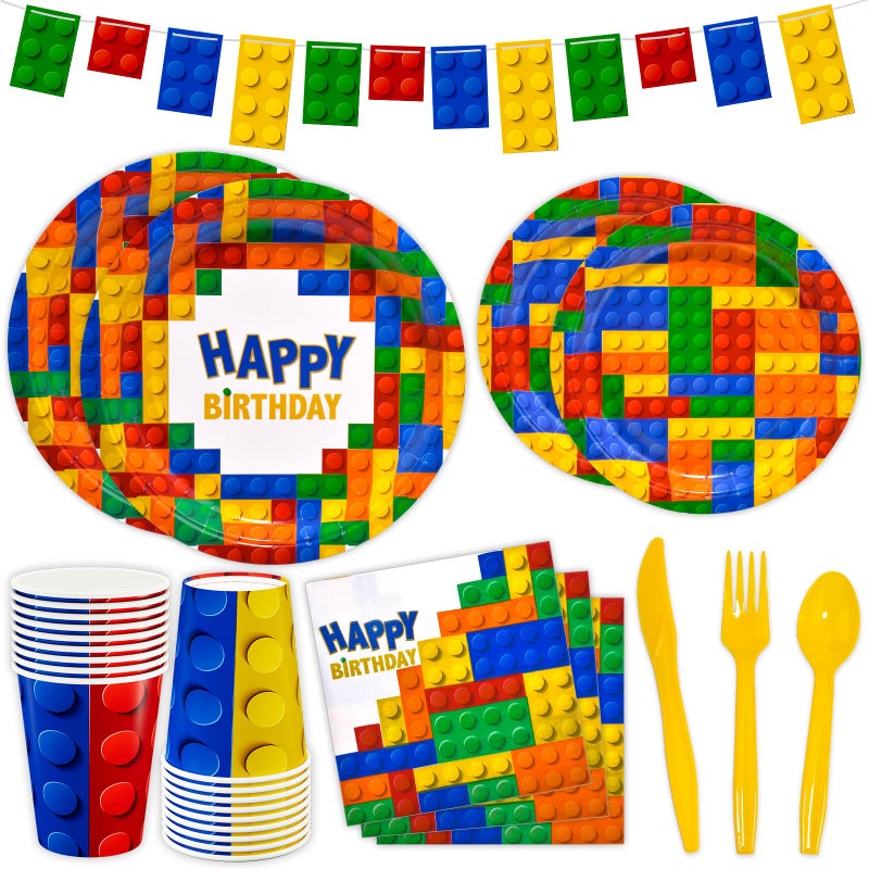 DYLIVES 180 Pcs Building Blocks Birthday Party Supplies Building Block Tableware Blocks Banner Disposable 9 Plates 7 Plates and Napkins Cups Cutlery for Happy Birthday Decorations Serves 24 - Image 2