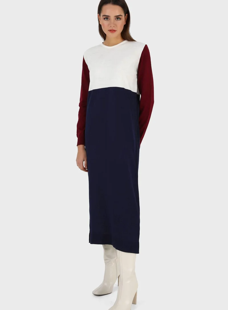 Tavin by Modanisa Color Block Knitted Dress