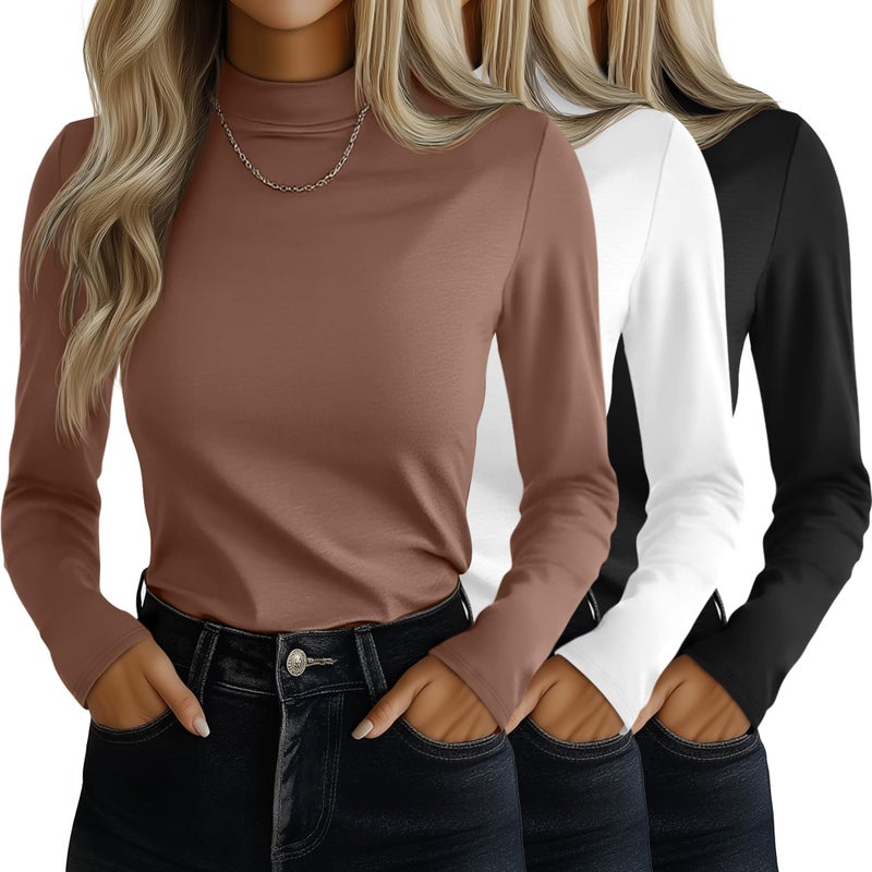 Ficerd 3 Pack Womens Mock Turtleneck Shirts Long Sleeve Mock Neck Pullover Tops Slim Fitted Stretch Undershirt Tee BlouseBlack White CoffeeMedium - Image 2