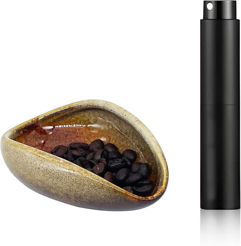 LamChyar Coffee Bean Dosing Cup with RDT Spray Bottle Set, Coffee Bean Dosing Cup, Ceramic Coffee Dosing Cup, Ceramic Single Dose Measuring Tray for Coffee Beans, Coffee Bar Accessories (brown) - Image 1