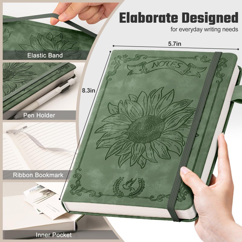 Ovesmusl Sunflower Journal for Girls Women Journals for Writing 100GSM College Ruled A5 Leather Notebook for Girls Ages 8-12 Flower Diary with Heart-Shaped Shadow, 5.7" x 8.3", Green - Image 3