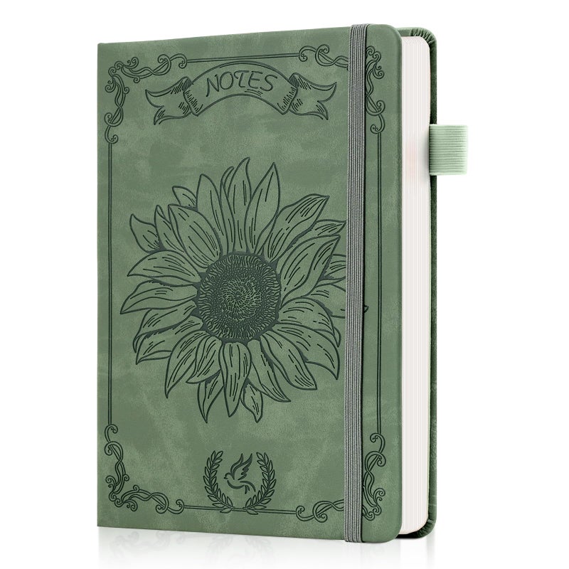 Ovesmusl Sunflower Journal for Girls Women Journals for Writing 100GSM College Ruled A5 Leather Notebook for Girls Ages 8-12 Flower Diary with Heart-Shaped Shadow, 5.7" x 8.3", Green - Image 1