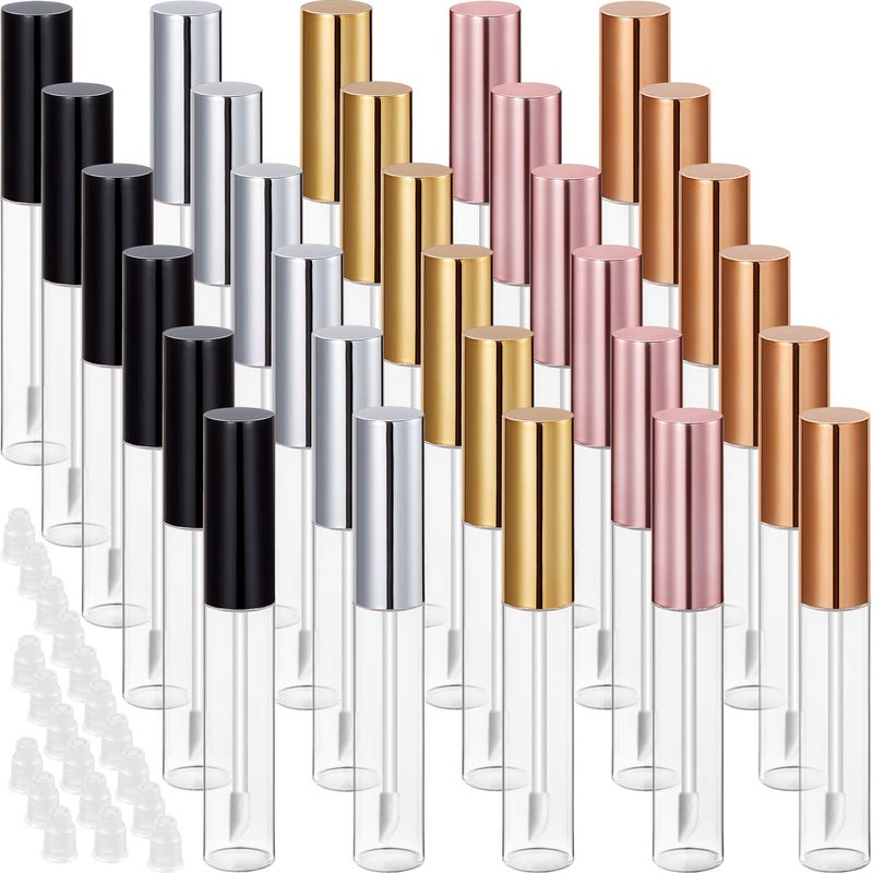 Blulu 30 Pcs 10 ml Lip Gloss Tubes Bulk Empty Refillable Lip Balm Bottle Clear Plastic Gloss Container Reusable Lipstick Bottle with Rubber Insert for Women DIY Lipgloss Cosmetics(5 Colors) - Image 1