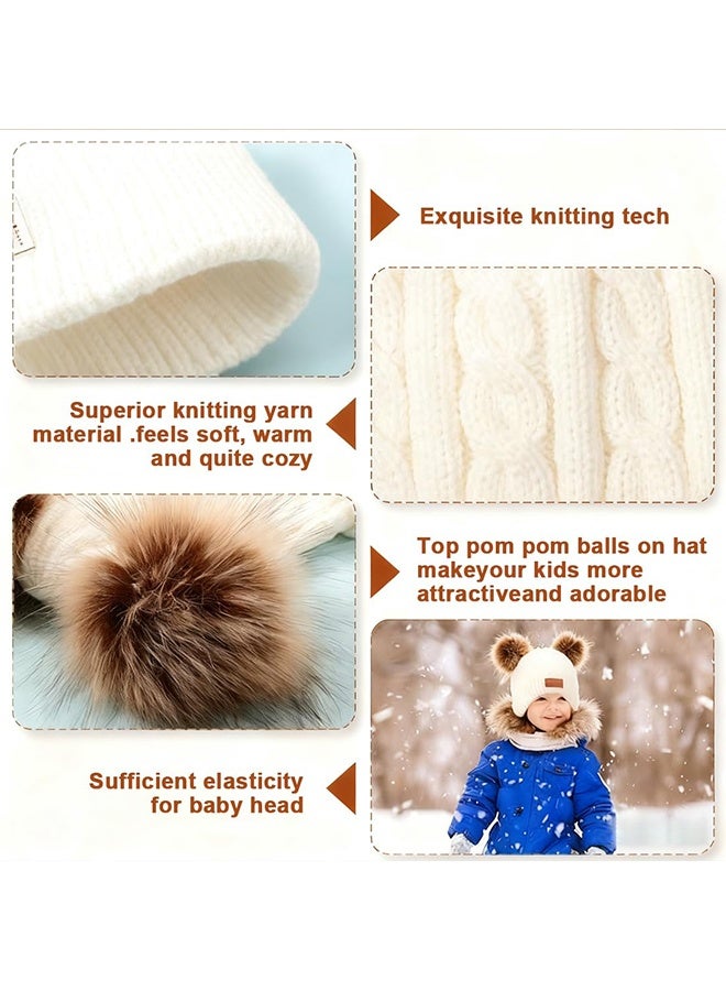 Wffo Toddler Warm Beanie Kids Winter Hat Baby Knitted Soft Beanie Cute Toddler Winter Pom Poms Hat for Girls Boys (White) - Image 3