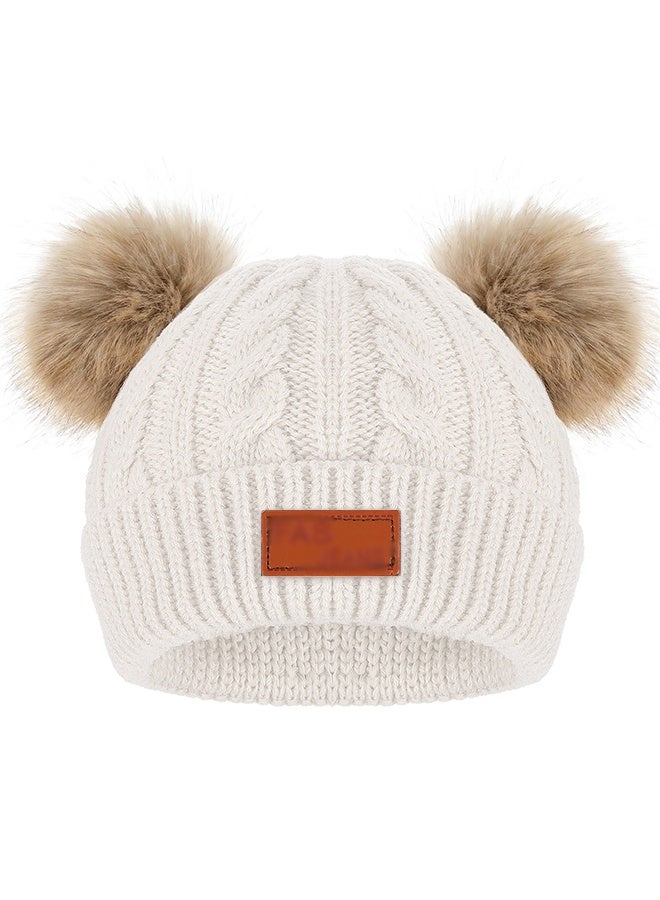 Wffo Toddler Warm Beanie Kids Winter Hat Baby Knitted Soft Beanie Cute Toddler Winter Pom Poms Hat for Girls Boys (White) - Image 1