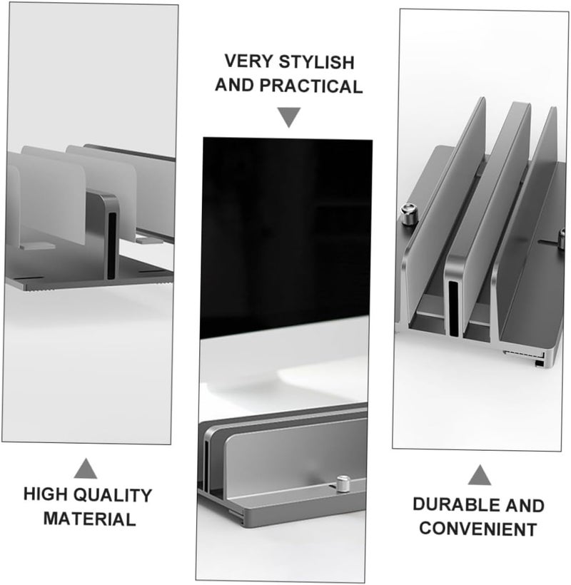 Aluminum Adjustable Dual Slot Laptop Rack and Vertical Tablet Stand, Gray, Space-Saving Notebook Mount Base for Office and Home Desk Organization - Image 3