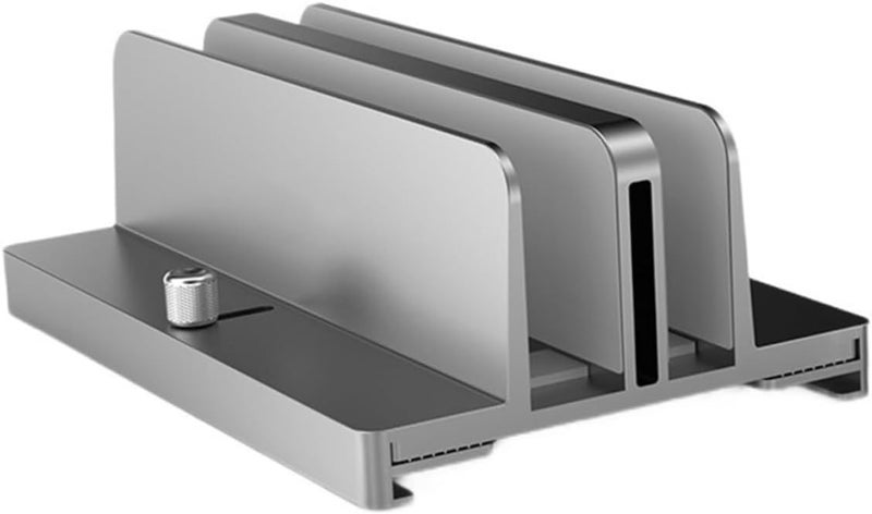 Aluminum Adjustable Dual Slot Laptop Rack and Vertical Tablet Stand, Gray, Space-Saving Notebook Mount Base for Office and Home Desk Organization - Image 1