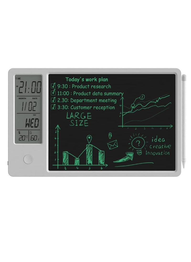 SYOSI - Electronic Desktop Calendar Rechargeable Writing Memo Message Board Notepad with Digital Clock Date Time Week Indoor Temperature Display 9.5inch Drawing Pad for Office Home Business Decor White - Image 1