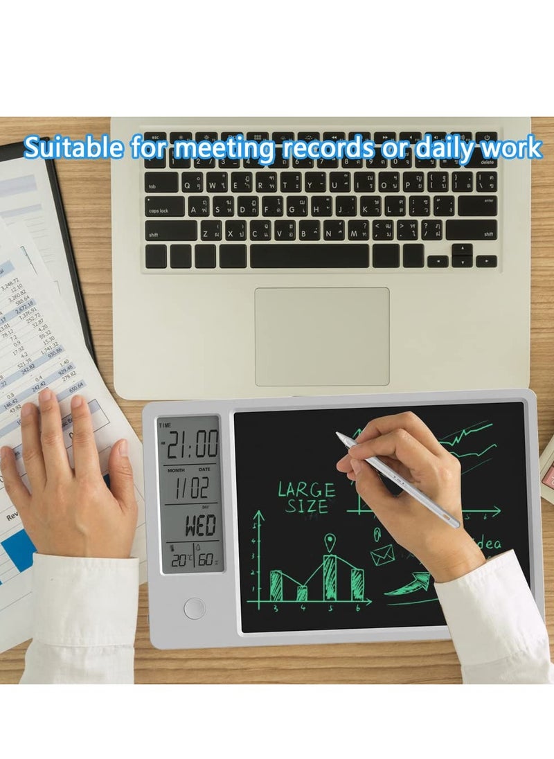 SYOSI - Electronic Desktop Calendar Rechargeable Writing Memo Message Board Notepad with Digital Clock Date Time Week Indoor Temperature Display 9.5inch Drawing Pad for Office Home Business Decor White - Image 1