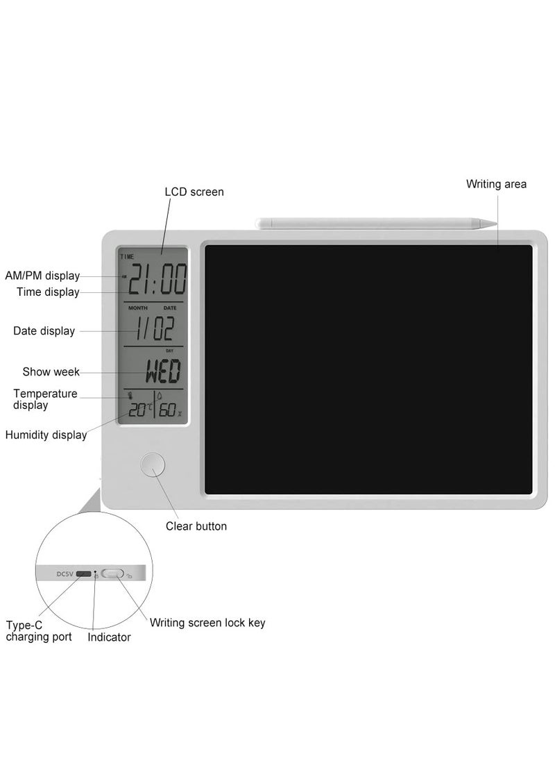 SYOSI - Electronic Desktop Calendar Rechargeable Writing Memo Message Board Notepad with Digital Clock Date Time Week Indoor Temperature Display 9.5inch Drawing Pad for Office Home Business Decor White - Image 1