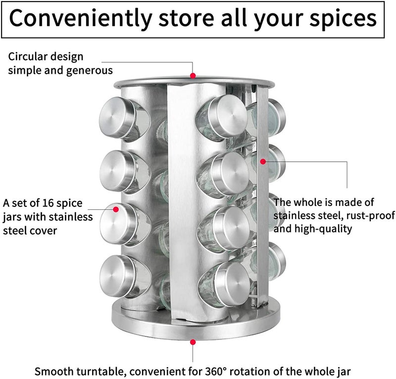Jolfay Revolving Spice Tower | Round Spice Rack Set | of 16 Spice Glass Jars | Seasoning Storage Stainless Steel, Free Standing, Tiered Shelf - Image 2