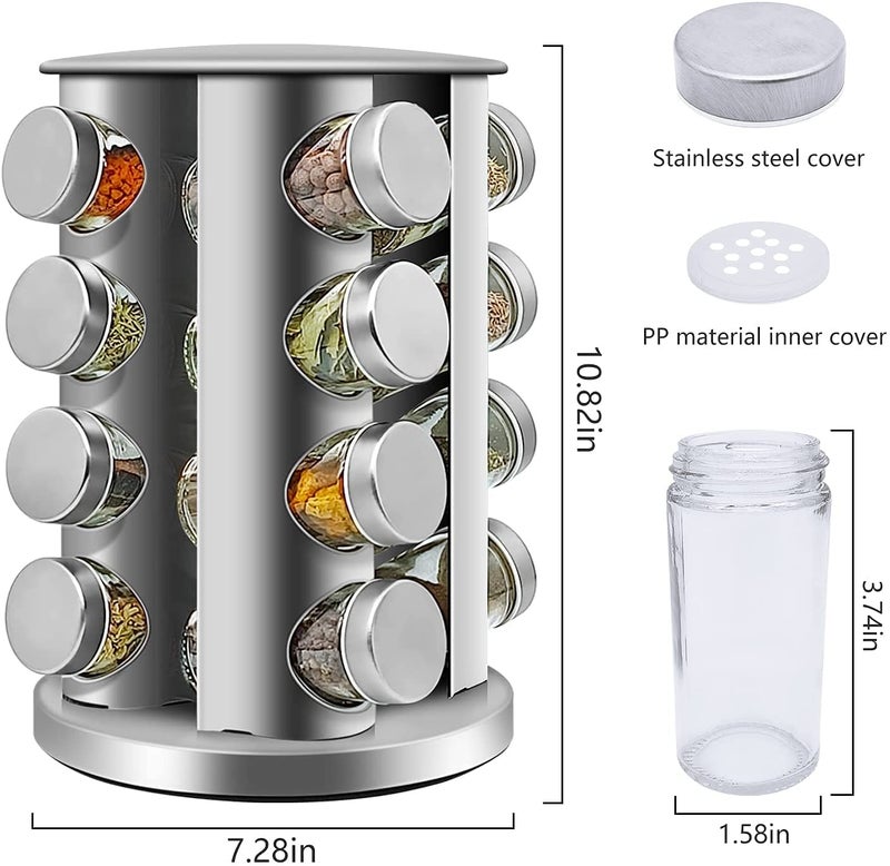 Jolfay Revolving Spice Tower | Round Spice Rack Set | of 16 Spice Glass Jars | Seasoning Storage Stainless Steel, Free Standing, Tiered Shelf - Image 3