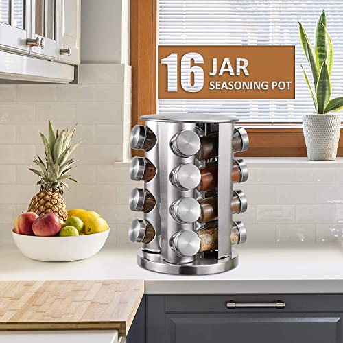 Jolfay Revolving Spice Tower | Round Spice Rack Set | of 16 Spice Glass Jars | Seasoning Storage Stainless Steel, Free Standing, Tiered Shelf - Image 5
