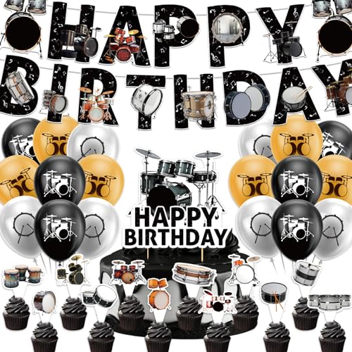 LHDUOFA Drum Party Supplies Music Drum Birthday Party Decorations Includes Drums Happy Birthday Banner Cake Topper Cupcake Toppers Balloons for Drummers Birthday Party Baby Shower Decorations - Image 1