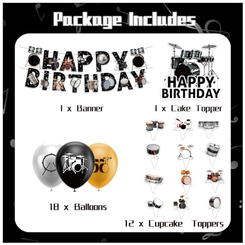 LHDUOFA Drum Party Supplies Music Drum Birthday Party Decorations Includes Drums Happy Birthday Banner Cake Topper Cupcake Toppers Balloons for Drummers Birthday Party Baby Shower Decorations - Image 5