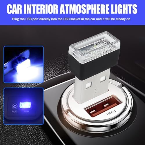 Hbxdeco 4 PCS USB LED Car Interior Atmosphere Lamp, Portable Mini Auto LED Decor Night Light, Plug-in USB Interface Ambient Lighting Kit, Universal Car Interior Accessories(Blue) - Image 2
