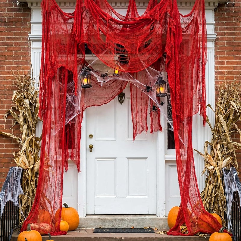 RunNico 300'' x 39'' Halloween Blood Red Scary Gauze, Fine Yarn Bloody Creepy Cloth for Haunted House, Spooky Fabric Hanging Decoration for Horror Themed Nightmare Party Porch Yard Wall Decor - Image 4