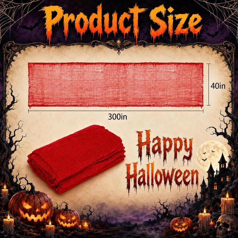 RunNico 300'' x 39'' Halloween Blood Red Scary Gauze, Fine Yarn Bloody Creepy Cloth for Haunted House, Spooky Fabric Hanging Decoration for Horror Themed Nightmare Party Porch Yard Wall Decor - Image 2