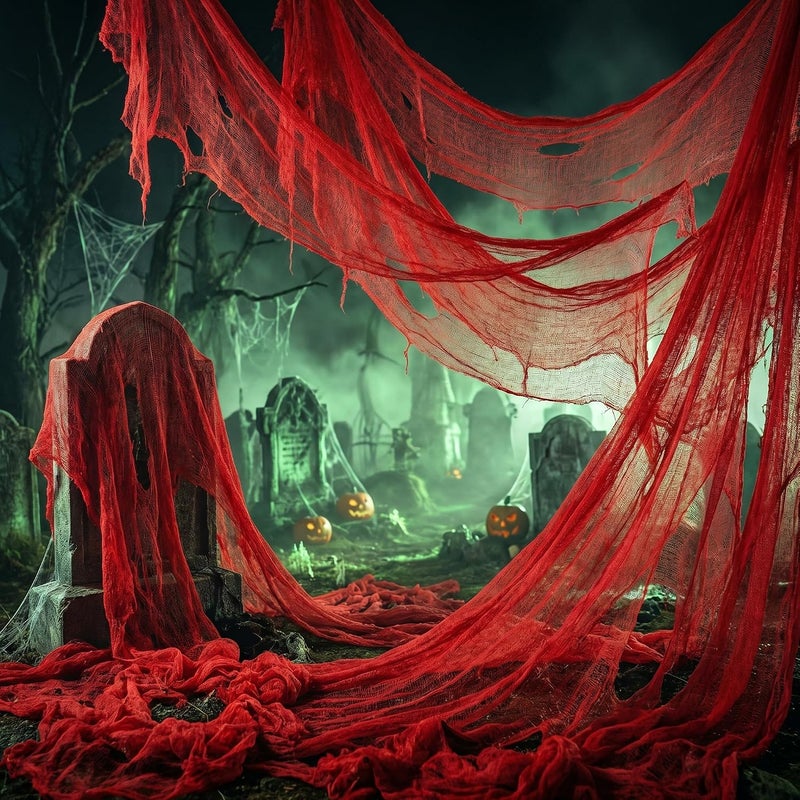 RunNico 300'' x 39'' Halloween Blood Red Scary Gauze, Fine Yarn Bloody Creepy Cloth for Haunted House, Spooky Fabric Hanging Decoration for Horror Themed Nightmare Party Porch Yard Wall Decor - Image 1