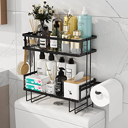 Godboat Bathroom Organizers, 2-Tier Over Toilet Storage, Floating Shelves with 2 Hooks & Paper Holder, Wall Mounted Shelf Furniture, Cool Accessories & Decor, Gifts for Women, Mothers Day (Black) - Image 1
