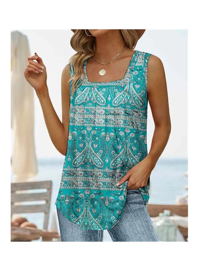 KUYING New Summer Sleeveless Square Neck Printed Tank Top T-shirt 