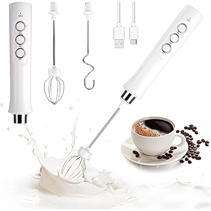 TMSGID Handheld Rechargeable Milk Frother Electric Whisk Coffee Frother Mixer With 3 Stainless Steel Whisks 3 Adjustable Speeds For Latte Cappuccino Hot Chocolate White - Image 1