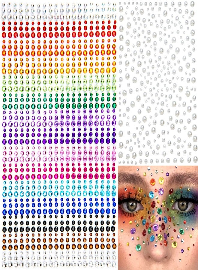 La Jolie Jasmin 1250 Pcs Self Adhesive Rhinestones Pearl for Makeup Face Gems Eyes 16 Colors Rainbow Rhinestones Face Jewels Stick on Pearls Stickers, Hair Pearl Nail Makeup DIY Decorations - Image 1
