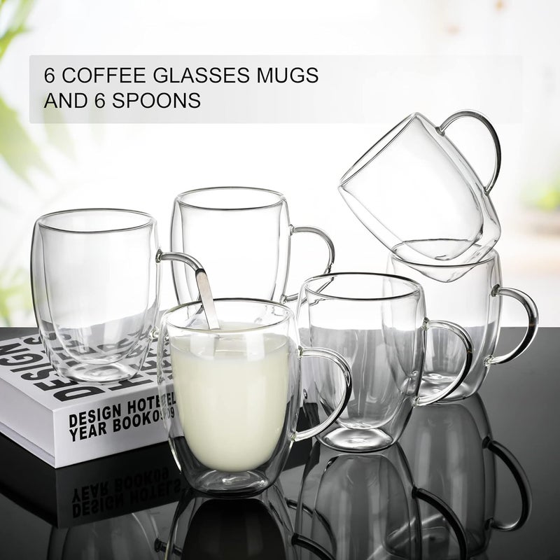 LIBWYS 6 Pack Double Walled Coffee Cups Glasses Mugs, 12oz Espresso Cappuccino Latte Tea Cups with Handle, Heat Resistant Borosilicate Clear Glasses 350ml - Image 4